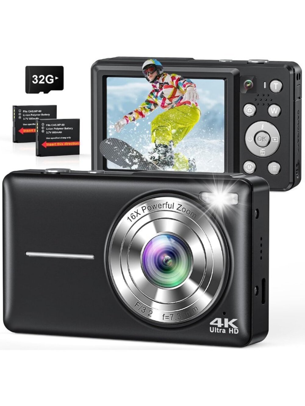 64MP 4K Digital Camera with Selfie Lens, Compact Design & 32GB Memory Card